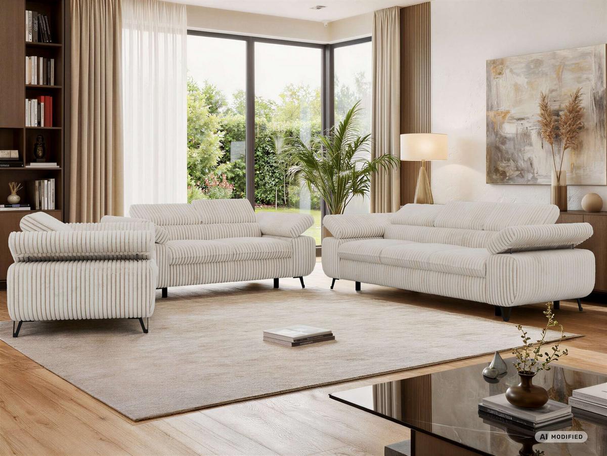 SITZGARNITUR PETER 1+2+3 - Beige Cord - Beige/Creme, Textil/Metall (262/76/99cm) - MKS