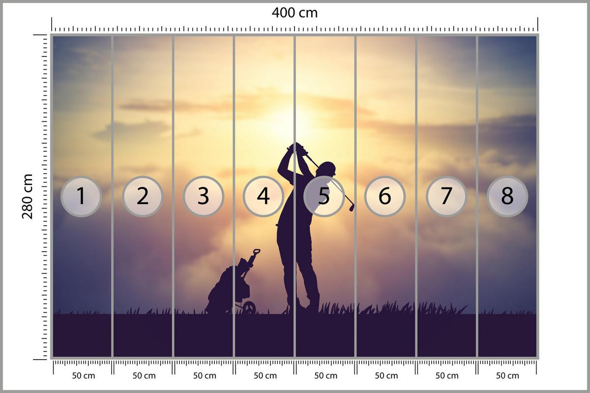 FOTOTAPETE für Jugendzimmer Golfer Sonnenuntergang Silhouette Sport 400x280 - Gelb/Violett, Papier (400/280cm) - Muralo