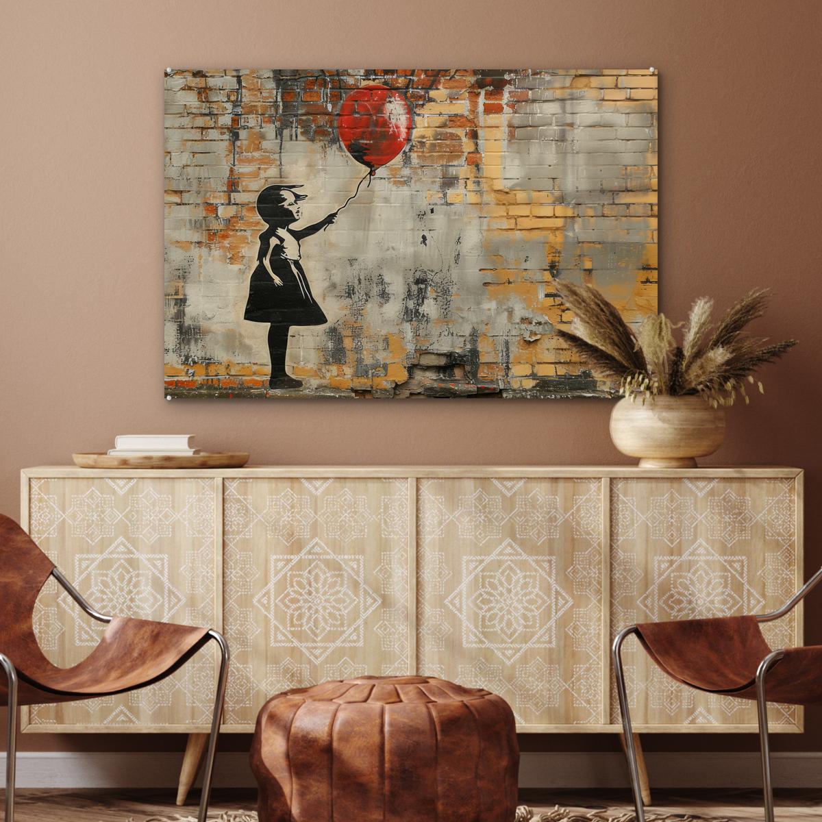 ACRYLGLASBILD Graffiti - Banksy - Mädchen - Straßenkunst Room Decor 90x60 cm - Sandfarben, Glas (90/60cm) - MuchoWow