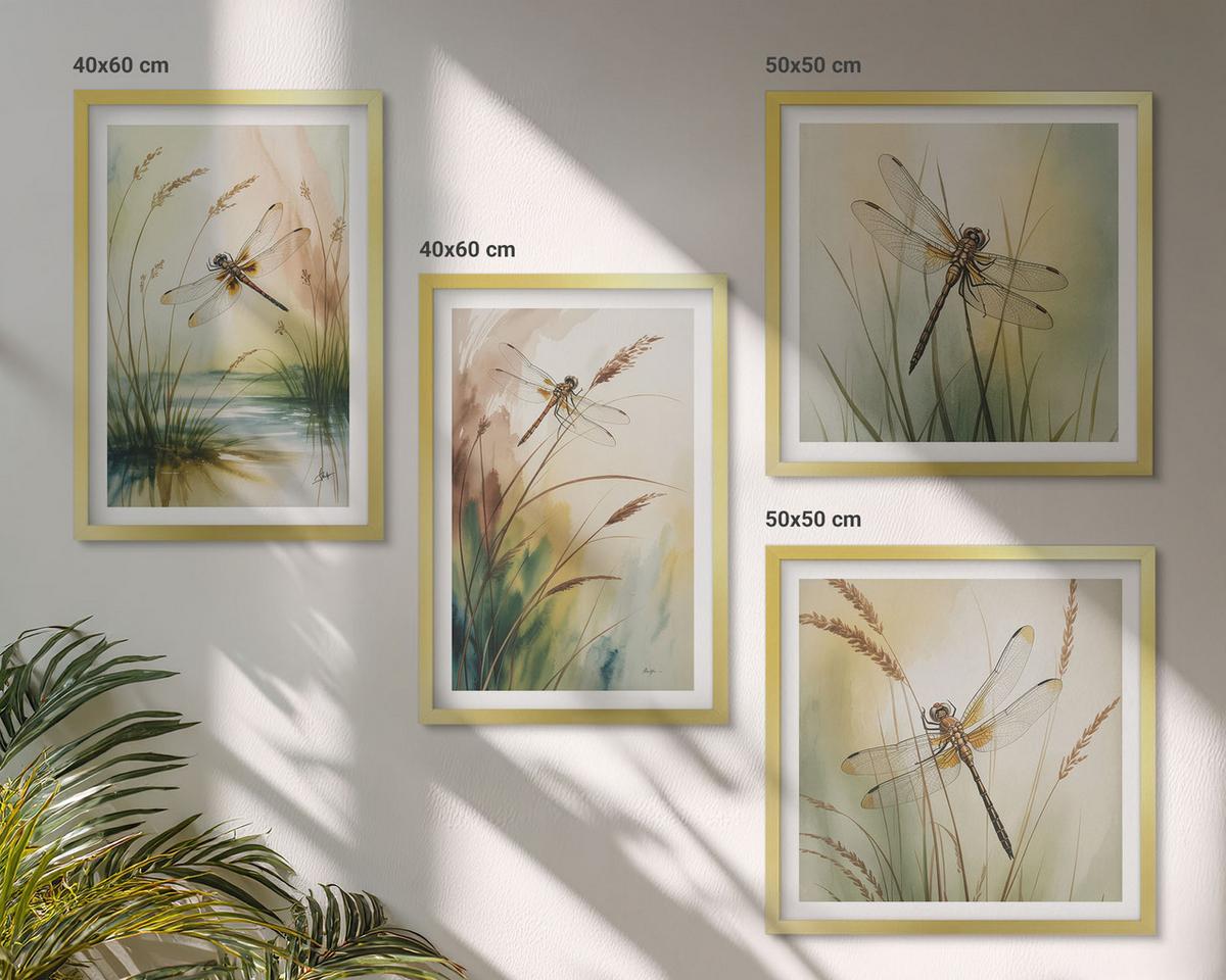 BILDER SET 4er Set - 50x50 cm & 40x60 cm Goldrahmen - Libellen im Gras, Wassermalerei - Goldfarben, Kunststoff (50/50cm) - TULUP