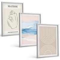 BILDER SET 3er Set - 40x60 cm Silberner Rahmen - Linien, Wellen, pastellfarbener Minimalismus - Silberfarben, Kunststoff (40/60cm) - TULUP