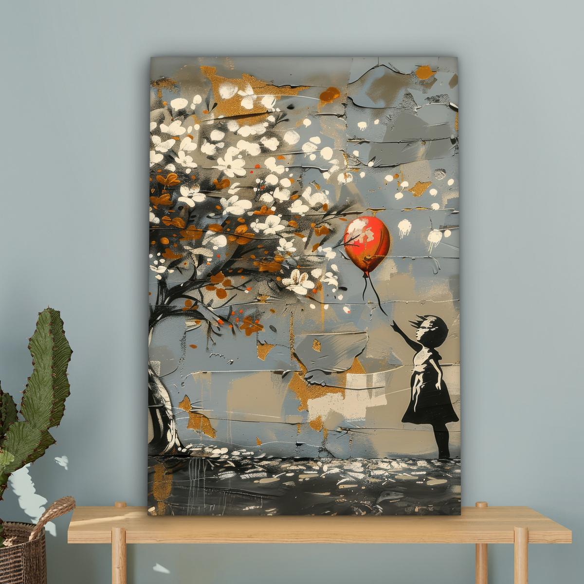 LEINWANDBILD Baum - Graffiti - Banksy-Stil - Ballon-Mädchen Wanddeko 40x60 cm - Blaugrau, Textil (40/60cm) - MuchoWow