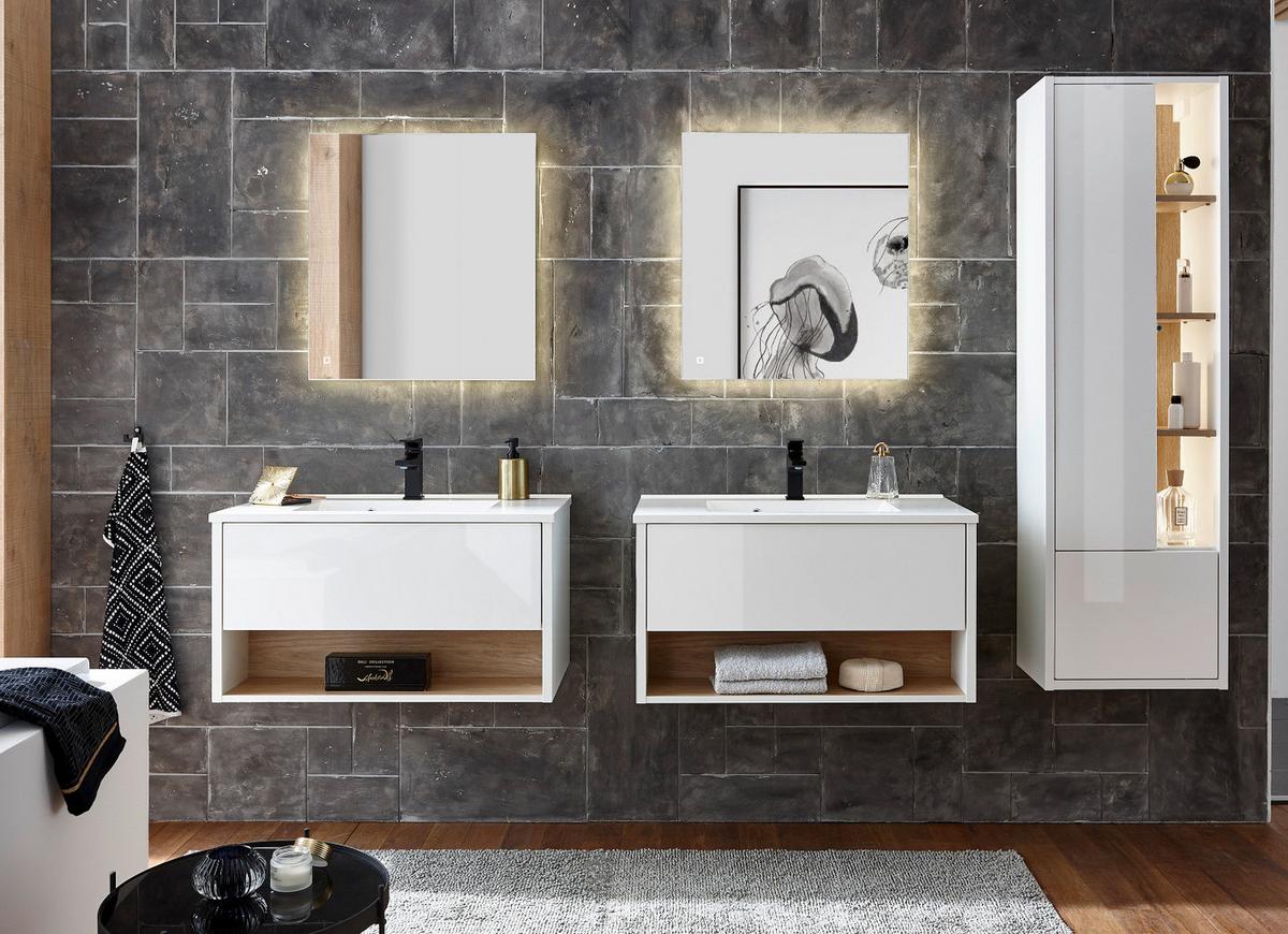 BADMÖBEL Set in weiß Hochglanz und Eiche mit Waschbecken und LED Beleuchtung 225 x 190 cm Glide - Weiß Hochglanz, Glas/Holzwerkstoff (225/190/47cm) - Furn.Design