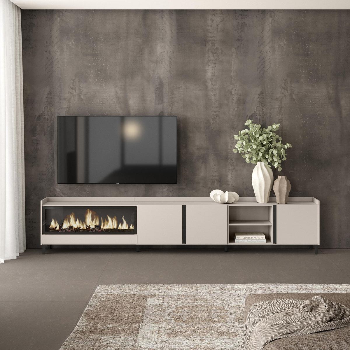 LOWBOARD, Beige, 315/35/61cm, Kamin mit Feuereffekt XXL - Beige, Holzwerkstoff (315/61/35cm) - Skraut Home
