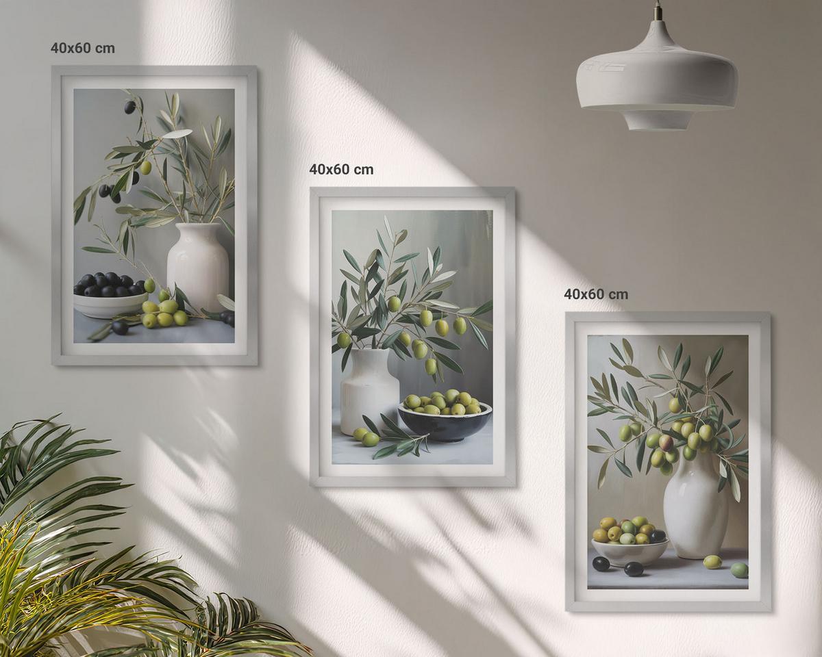 BILDER SET 3er Set - 40x60 cm Silberner Rahmen - Oliven in grauen Vasen - Silberfarben, Kunststoff (40/60cm) - TULUP
