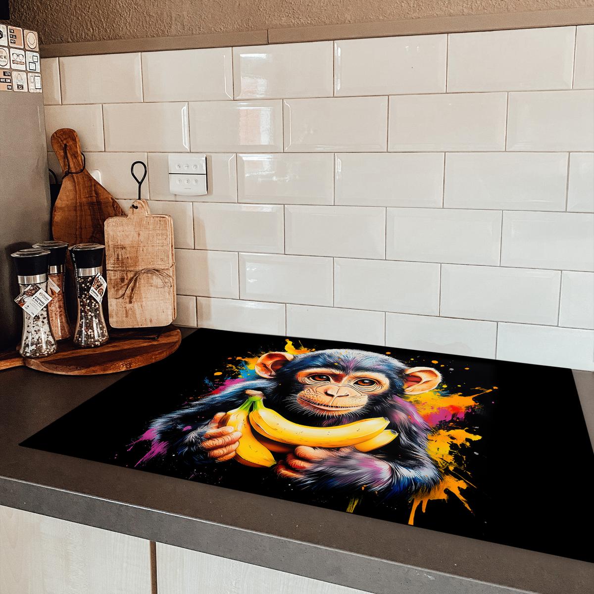 HERDABDECKPLATTE Affe - Graffiti - Farbenfroh - Bananen - Modern Abdeckung Ceranfeld 81.2x52 cm - Gelb, Kunststoff (81.2/52/0.2cm) - MuchoWow