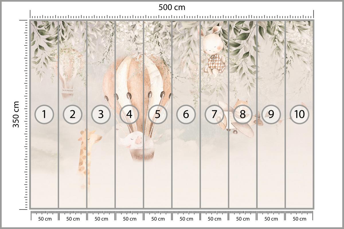 FOTOTAPETE für Kinderzimmer Tiere Wolken Ballons Giraffe Sonne 500x350 - Beige/Braun, Papier (500/350cm) - Muralo