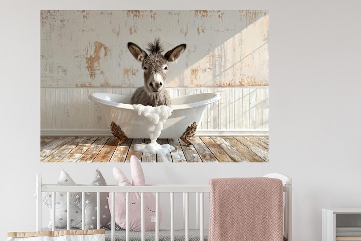 WANDTATTOO Esel - Tiere - Badewanne - Schaumstoff Wandsticker 120x80 cm - Weiß, Kunststoff (120/80/0.1cm) - MuchoWow