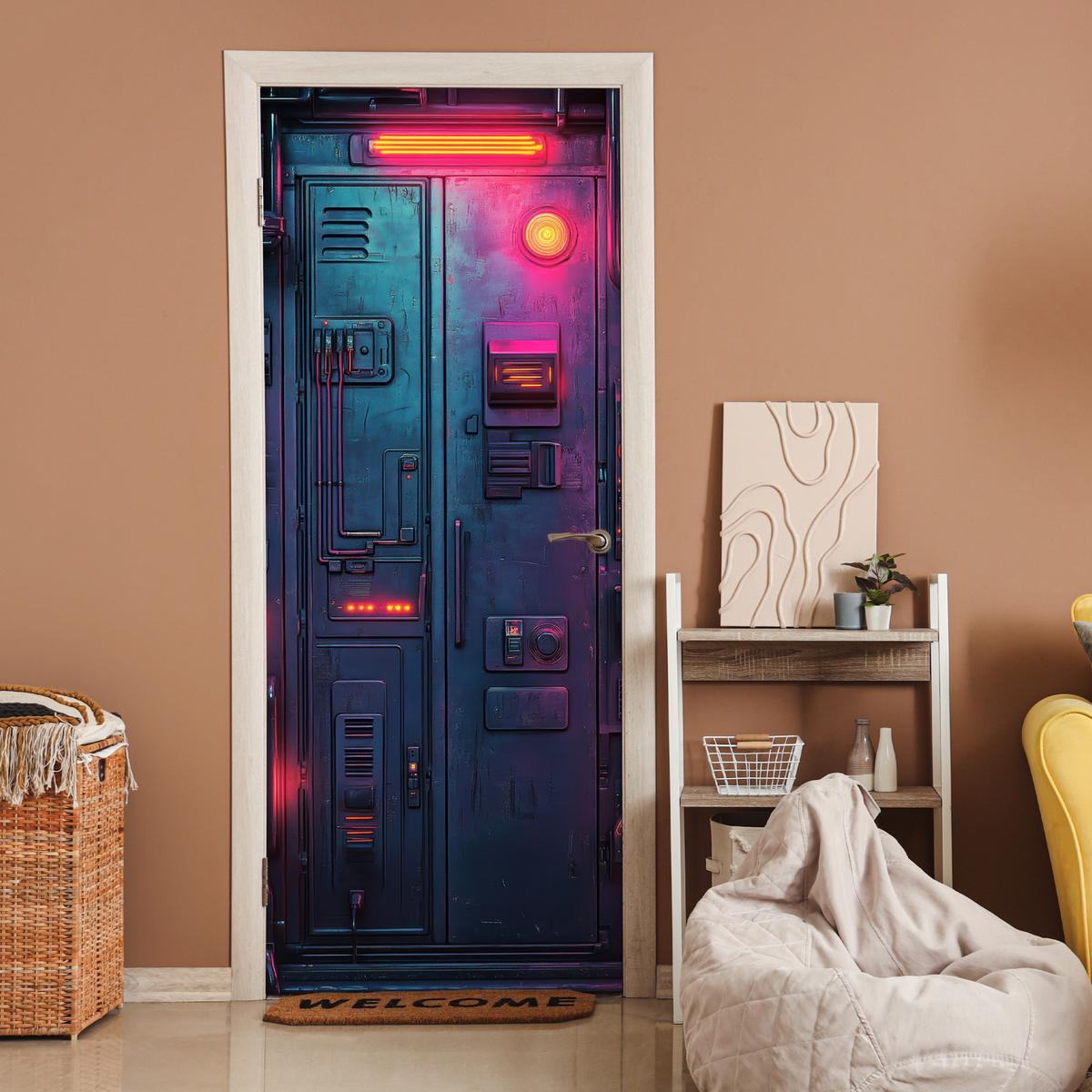 TÜRAUFKLEBER Tür - Futuristisch - Blau - Rosa - Neon 85x215 cm - Türtapete - Anthrazit, Kunststoff (85/0.1cm) - MuchoWow