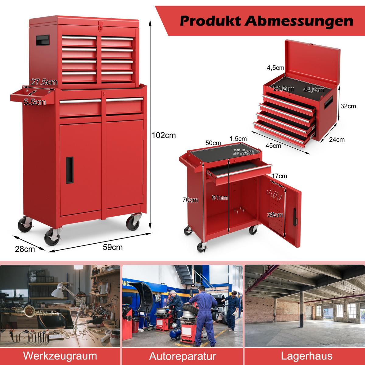 WERKZEUGTRUHE mit 5 Schubladen Rot - Rot, Metall (71/33.5/58cm) - COSTWAY