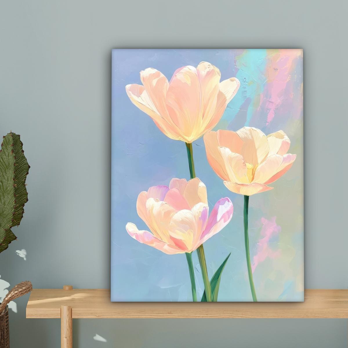 LEINWANDBILD Tulpen - Rosa Akzente - Blau Room Decor 30x40 cm - Pastellblau, Textil (30/40cm) - MuchoWow