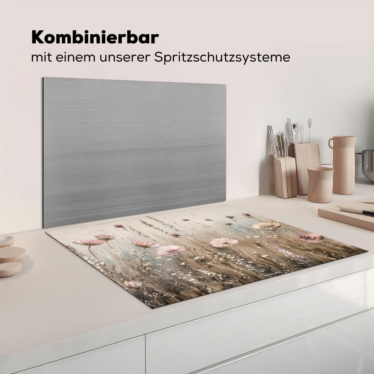 HERDABDECKPLATTE Blumen - Beige - Trockenblumen Induktionsmatte 77x59 cm - Beige, Kunststoff (77/59/0.2cm) - MuchoWow