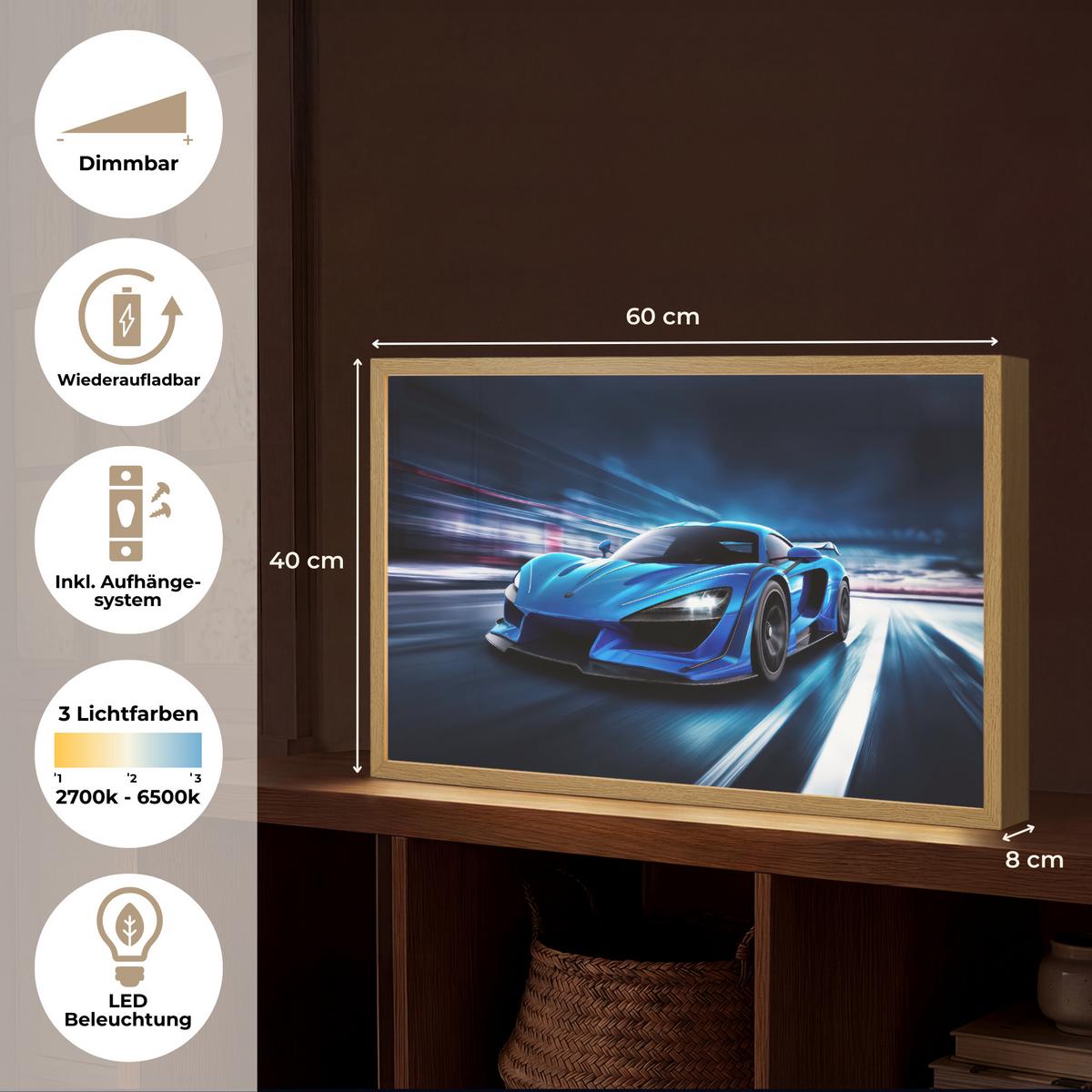 NACHTTISCHLAMPE MIT AKKU Auto - Blau - Jungen - Kind 60x40 cm - Blau, Holzwerkstoff (8/60/40cm) - OnlyWow