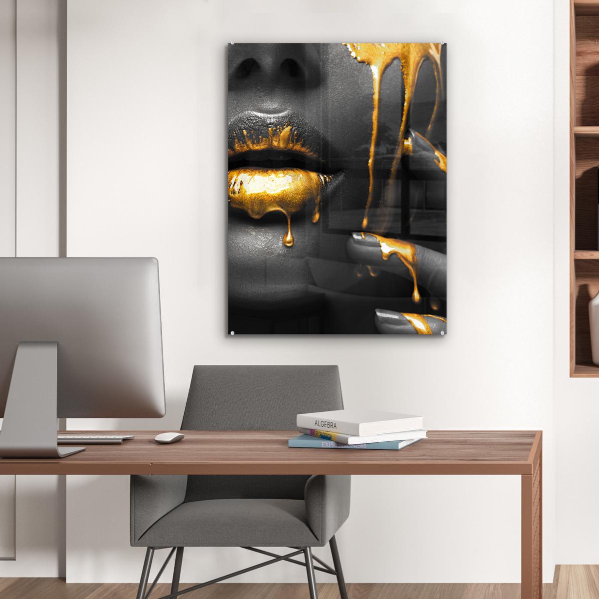 ACRYLGLASBILD Frau - Schwarz - Gold - Gesicht - Lippen 60x80 cm - Goldfarben, Glas (60/80cm) - MuchoWow