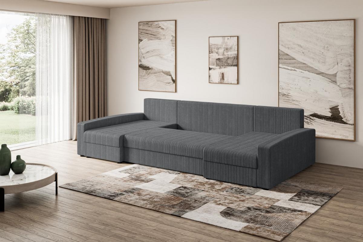 WOHNLANDSCHAFT mit Schlaffunktion und Bettkasten ALESIA-U 301x140x90 cm Grau Cord - Dunkelgrau/Silberfarben, Holzwerkstoff/Kunststoff (301/90/140cm) - ALTDECOR