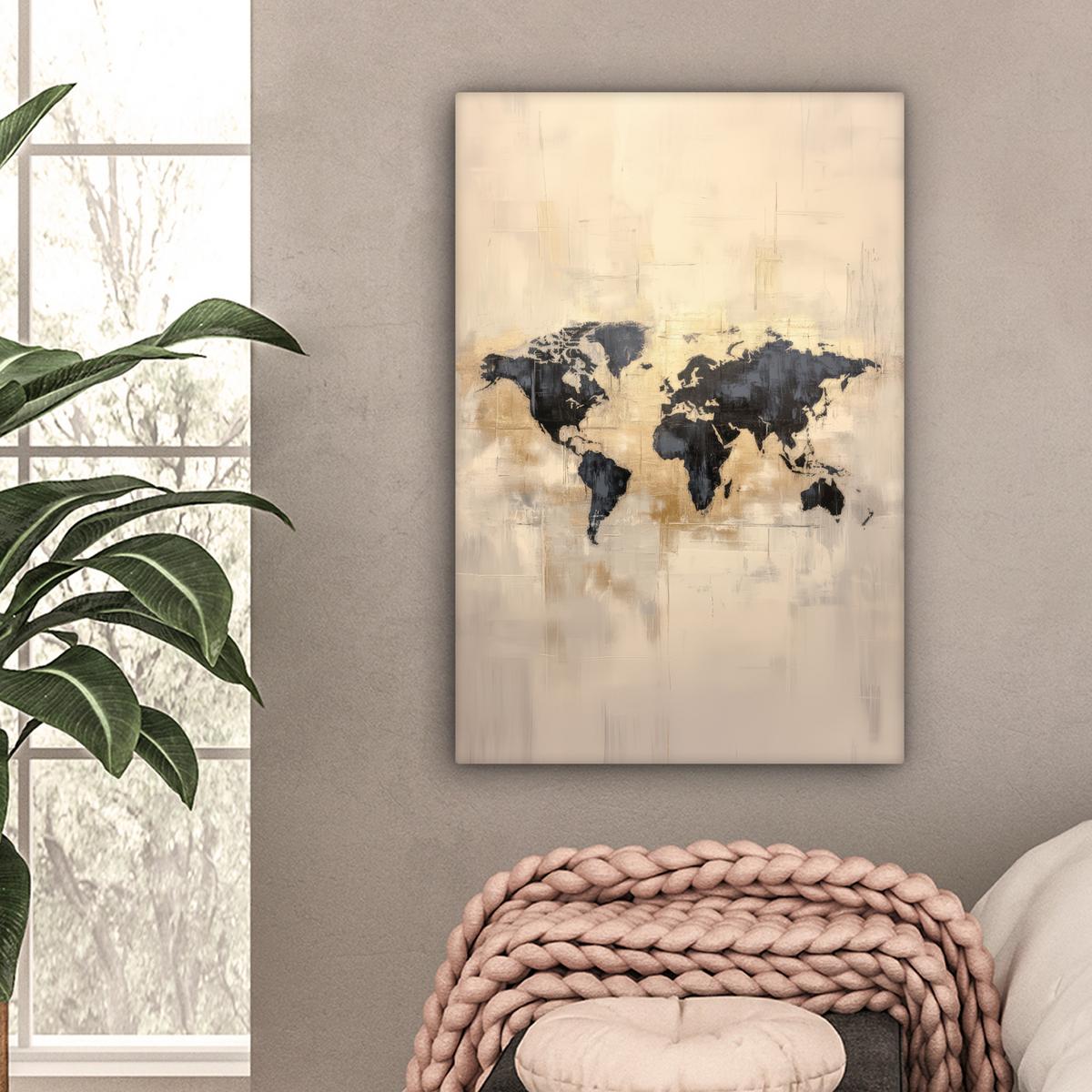 LEINWANDBILD Weltkarte - Gold - Schwarz - Abstrakt Wanddeko 40x60 cm - Kupferfarben, Textil (40/60cm) - MuchoWow