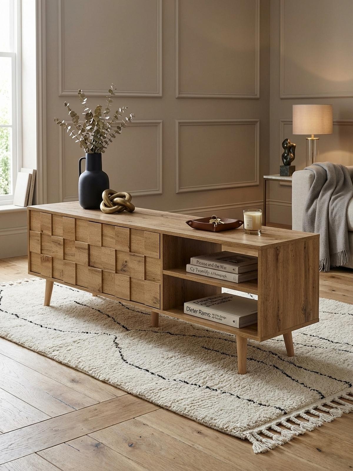 LOWBOARD Eiche-Dekor Modern Stil für 70-Zoll Fernseher - Braun, Eichenholz/Holz (160/51/40cm) - KADIMA DESIGN