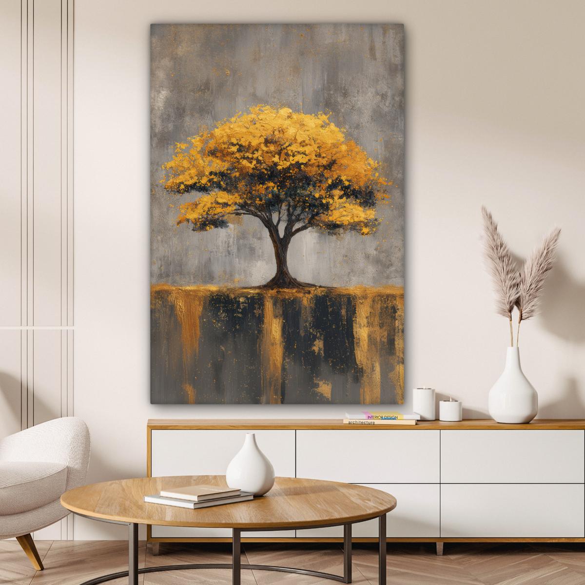 LEINWANDBILD Baum - Blätter - Gold - Abstrakt Deko XXL 80x120 cm - Grau, Textil (80/120cm) - MuchoWow