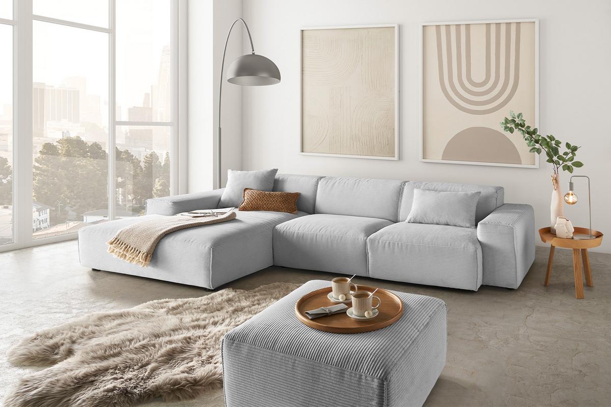 ECKSOFA RANI Hellgrau Cord - Hellgrau/Schwarz, Kunststoff/Textil (299/189cm) - KAWOLA