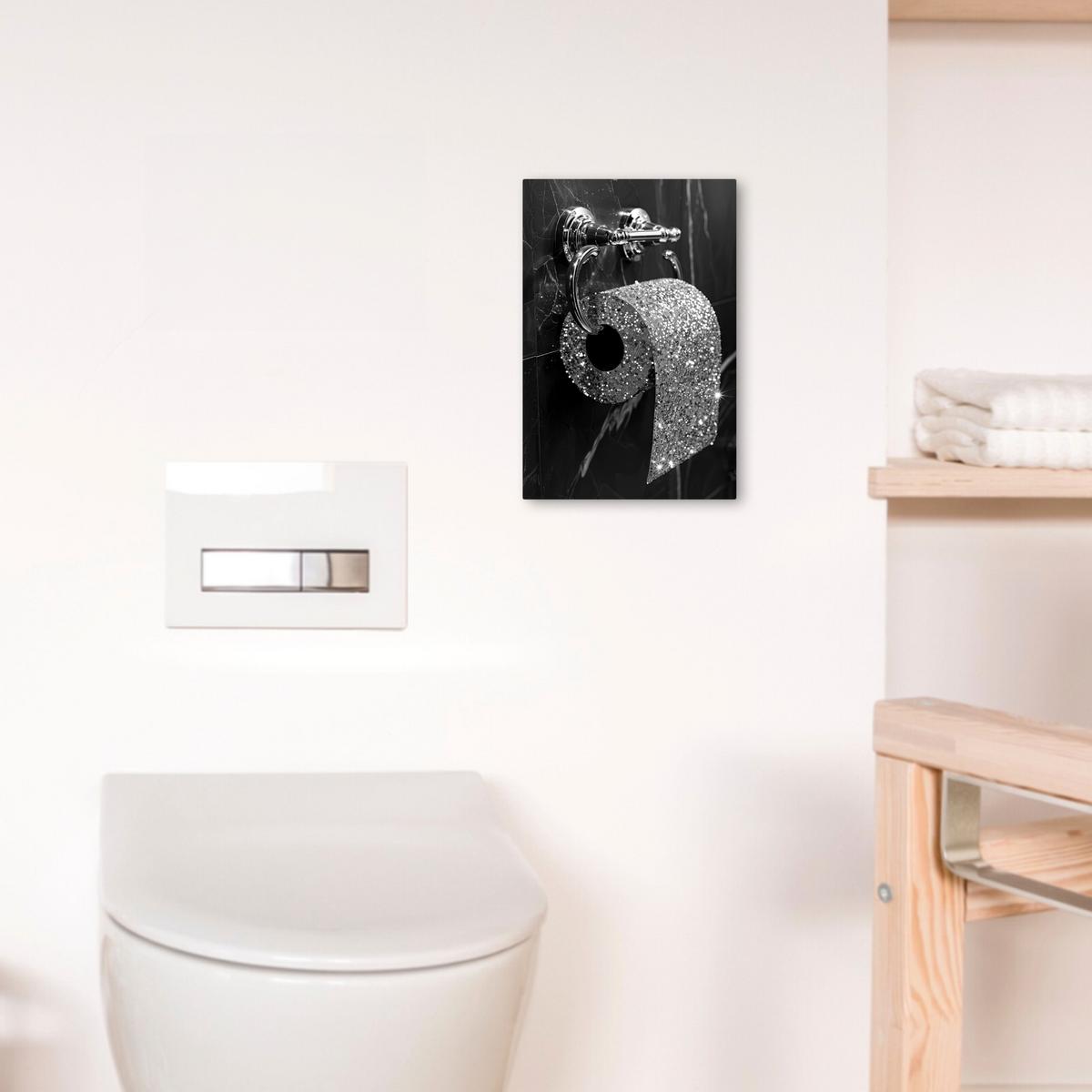 LEINWANDBILD WC - Toilettenpapier - Schwarz und weiß - Glitter Deko Wohnzimmer 20x30 cm - Silberfarben, Textil (20/30cm) - MuchoWow