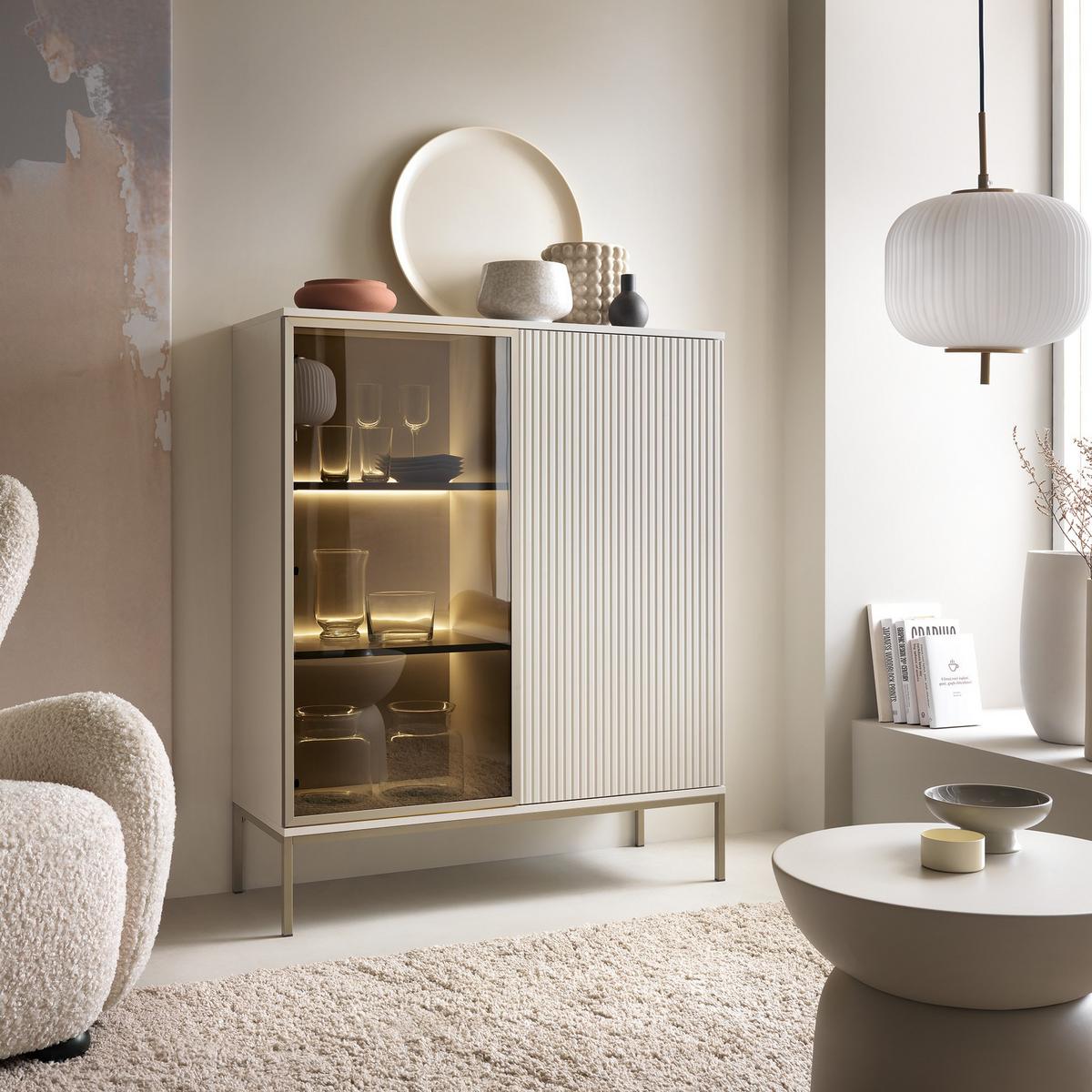 VITRINE SENTIERO 104 / 126 cm mit LED in Kaschmir - Kaschmir, Holzwerkstoff (104/126/39cm) - MASSENO