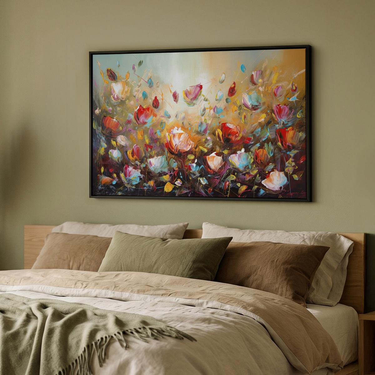 LEINWAND Bilder mit Rahmen - Blumen - Kunst - Natur - Ölgemälde - 90x60 - Multicolor, Textil (90/60cm) - MuchoWow
