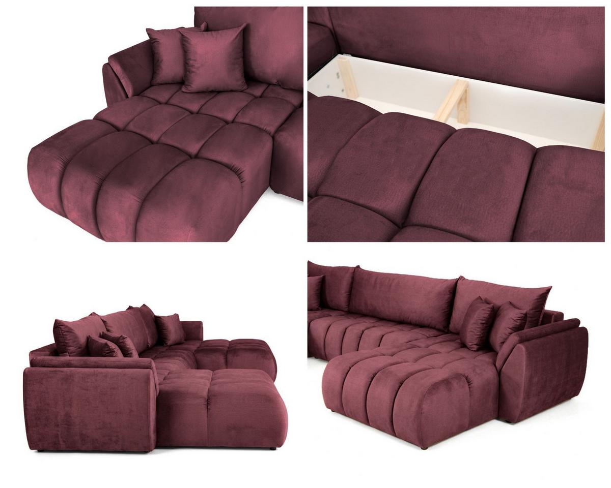 ECKSOFA Iris U mit Schlaffunktion und Bettkasten, U-Form – Bordeaux Samt 382/184/85 cm - Bordeaux/Schwarz, Kunststoff/Textil (382/184cm) - WFL GROUP