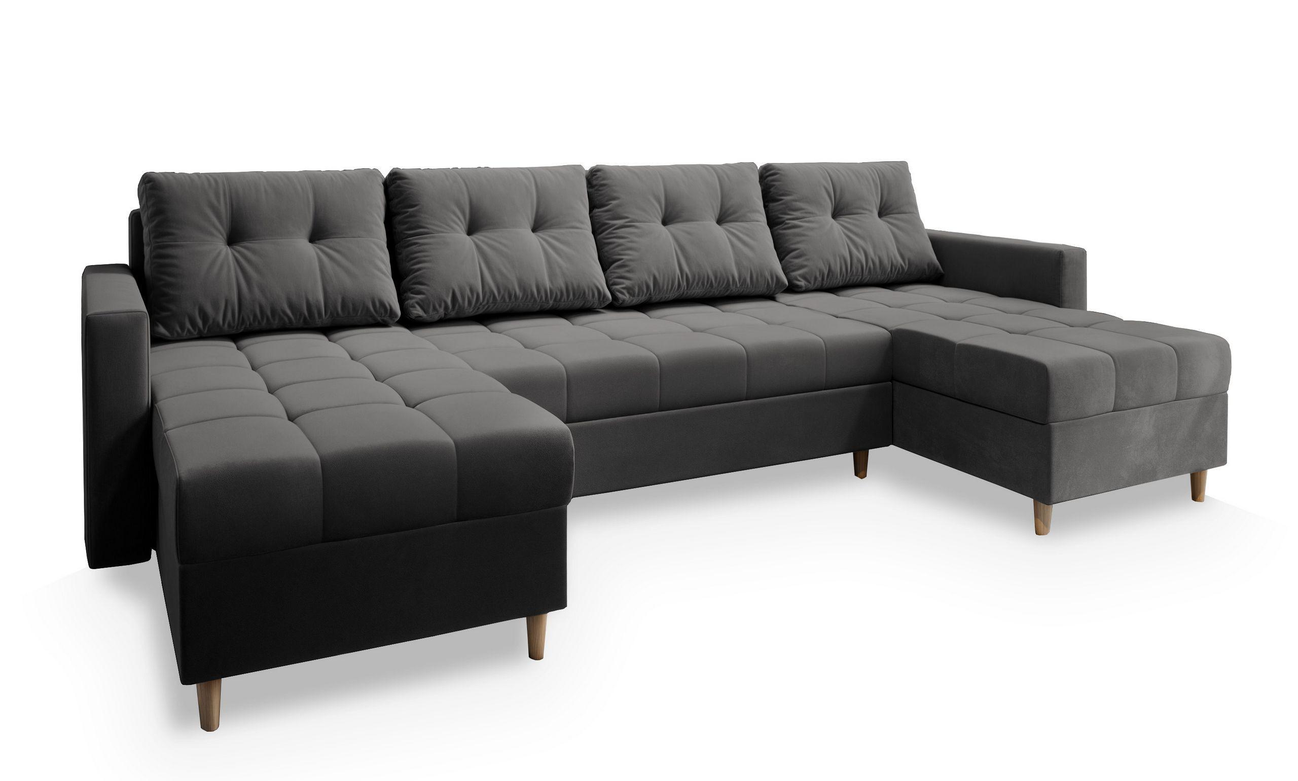 WOHNLANDSCHAFT MILO U Grau Plüsch-Stoff mit Schlaffunktion - Braun/Grau, Holz/Textil (285/91/140cm) - MASSENO