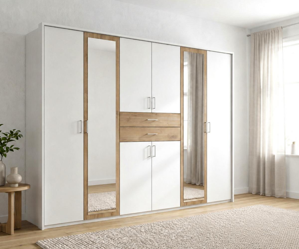 DREHTÜRENSCHRANK Kleiderschrank B273/H210/T58 cm mit Passepartout, Schubkästen & 2 Spiegeltüren, Weiß mit Absetzungen in Eiche Dekor / 22602 - Eichefarben/Silberfarben, Holzwerkstoff/Kunststoff (273/210/58cm) - luma-home