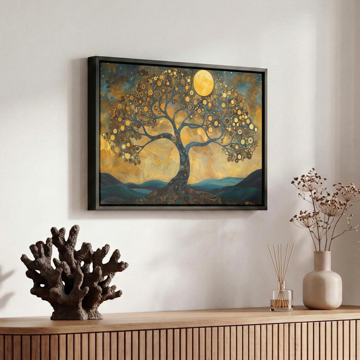 LEINWAND Bilder mit Rahmen - Baum - Mond - Blumen - Gold - Kunst - 30x20 - Orange, Textil (30/20cm) - MuchoWow
