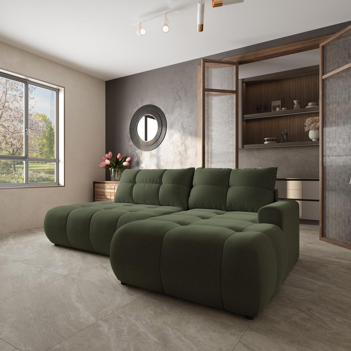 ECKSOFA FLUMA CL R-S Olivgrün Samtstoff mit Schlaffunktion - Olivgrün, Holzwerkstoff/Textil (279/158cm) - MASSENO