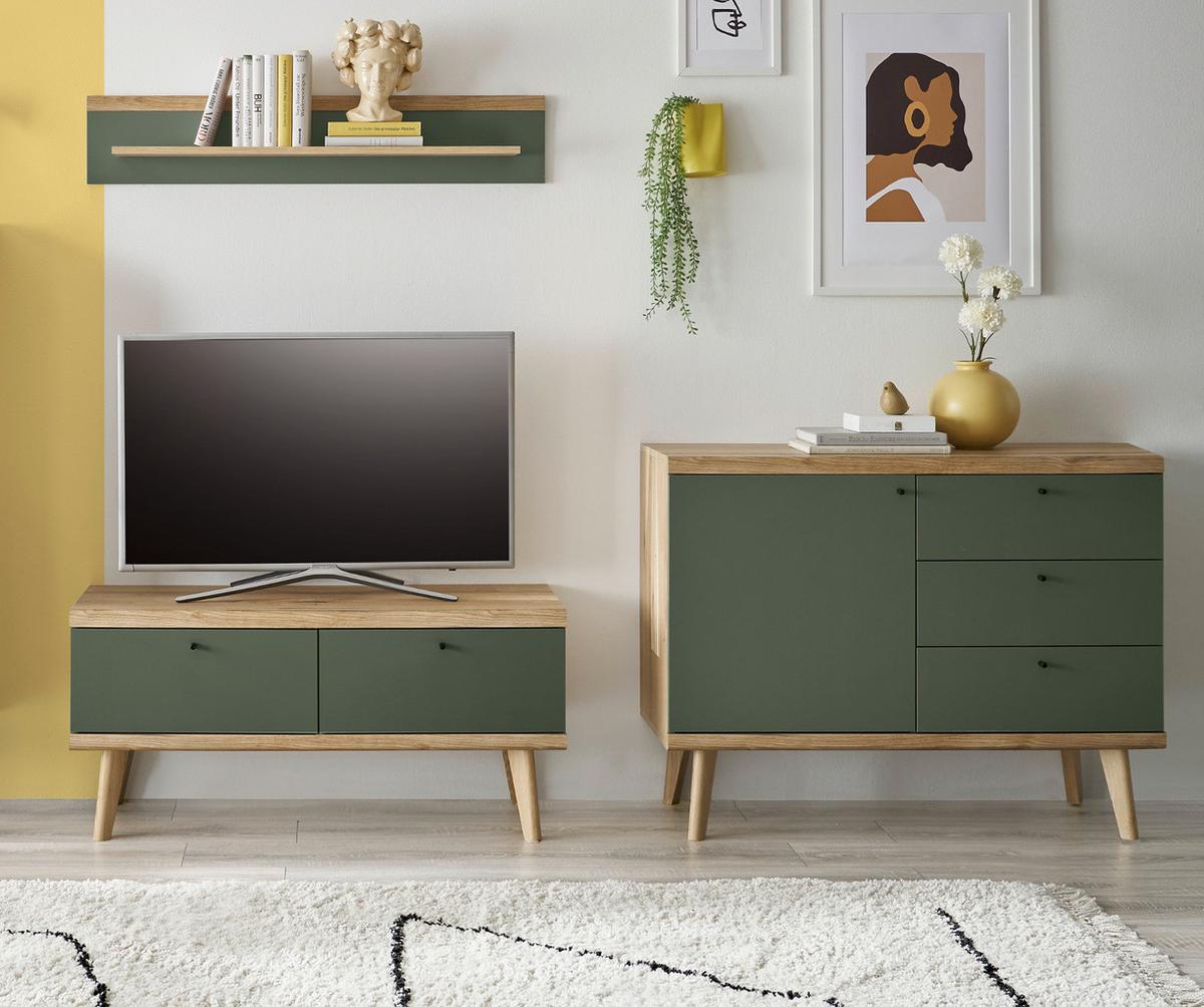 SIDEBOARD Salbei grün, Eiche Evoke, skandinavisch 107 x 83 cm, Kommode mit Vollauszug - Salbeigrün/Eichefarben, Holz/Holzwerkstoff (107/83/40cm) - Furn.Design