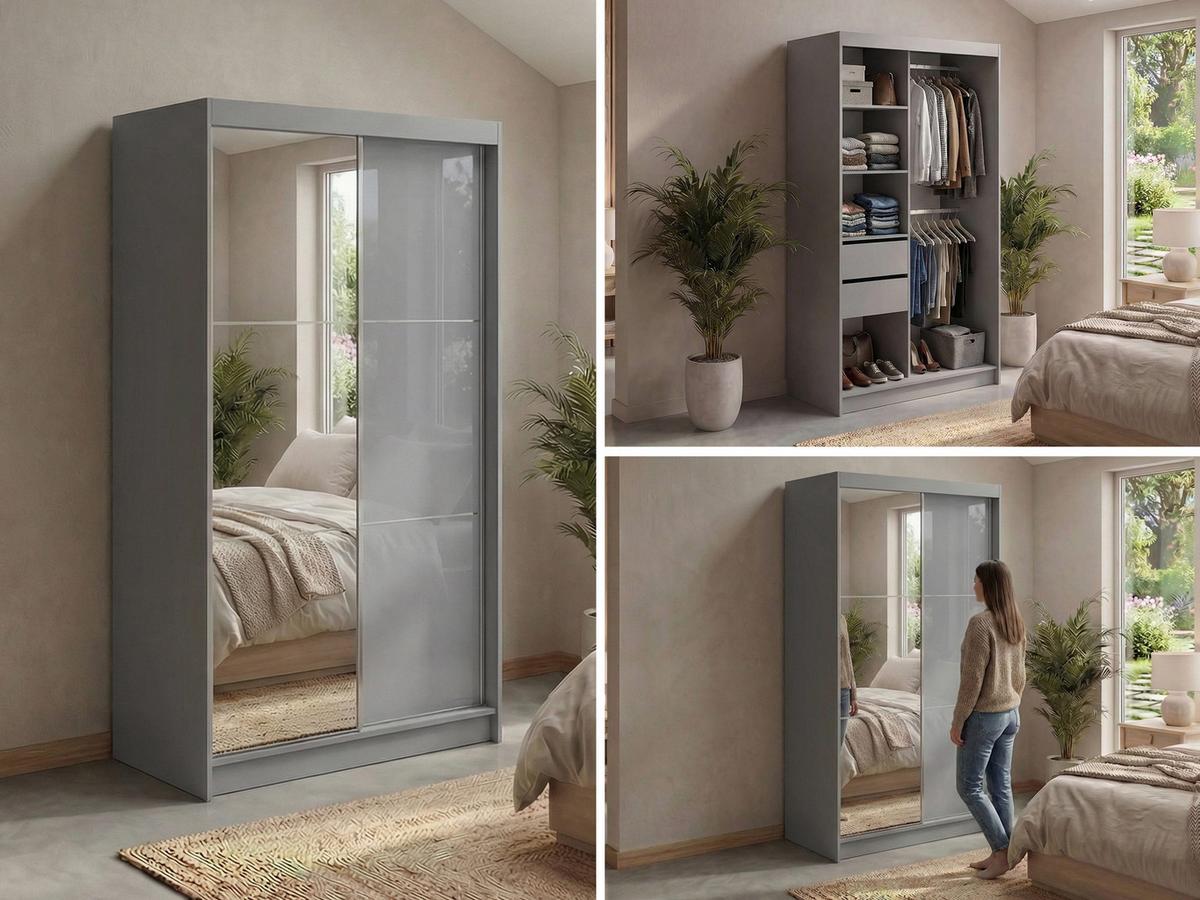 SCHWEBETÜRENSCHRANK mit Spiegel und Schubladen - WALENCJA - 120 - Grau lacobel - Alufarben/Grau, Holzwerkstoff/Metall (120/216/61cm) - MKS