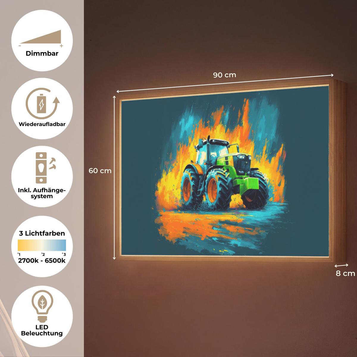 WANDLEUCHTE MIT AKKU Abstrakt - Traktor - Grün 90x60 cm - Dunkelblau, Holzwerkstoff (90/60/8cm) - OnlyWow