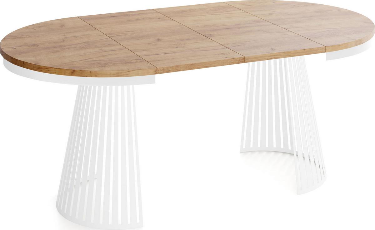 ESSTISCH Naro rund ausziehbar mit Weißem Lamellen-Metallgestell, Braun 120-200/120/76 cm - Eiche Wotan/Weiß, Holzwerkstoff/Metall (120/196/76cm) - WFL GROUP