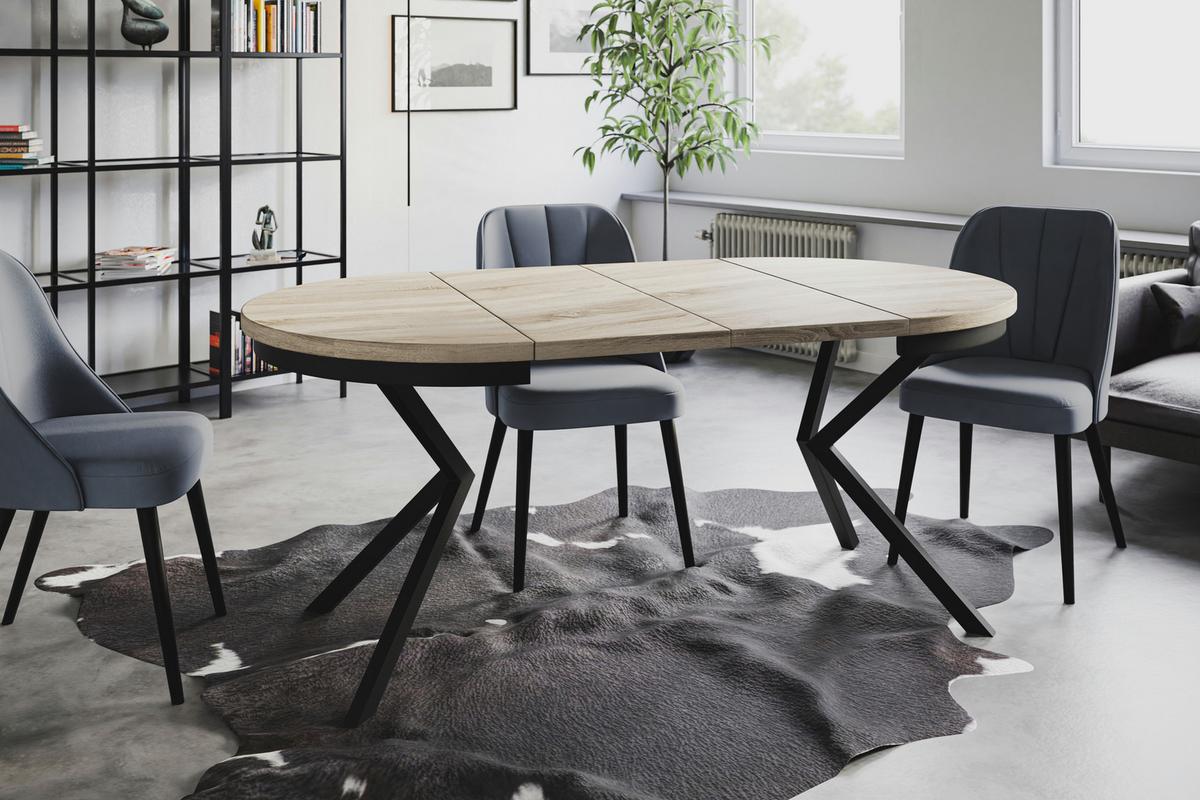 RUNDER Esszimmertisch BERGO, ausziehbarer Tisch Durchmesser: 120 cm/200 cm, Wohnzimmertisch Farbe: Beige, mit Metallbeinen in Farbe Schwarz - Schwarz/Sonoma Eiche, Holzwerkstoff (120/120/76cm) - Alpi-Möbel