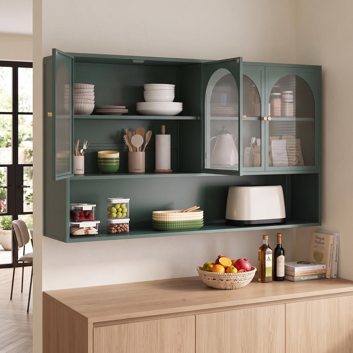 WANDSCHRANK 120cm Metall 4 Türen Graues Glas - Dunkelgrün, Metall (120/70/23cm) - Urban Meuble