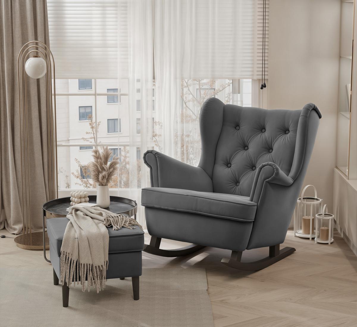 SCHAUKELSESSEL SCANDI mit hocker, Samt Graphit - Graphitfarben, Holz/Textil (75/97/60cm) - Idohome