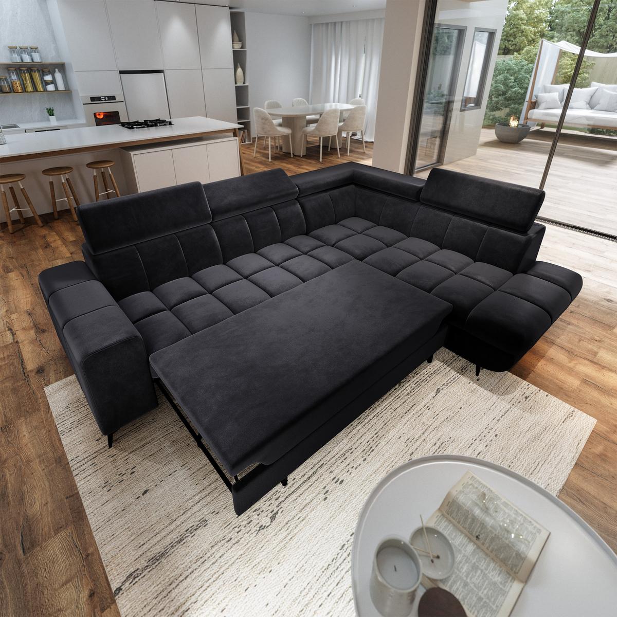 ECKSOFA MORIVA R-S Schwarz Velours-Stoff mit Schlaffunktion - Schwarz, Holz (253/190cm) - MASSENO