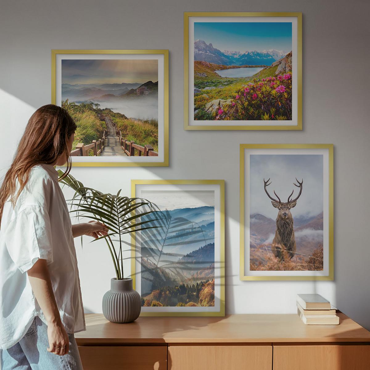 BILDER SET 4er Set - 50x50 cm & 40x60 cm Goldrahmen - Berglandschaft, See, Hirsche - Goldfarben, Kunststoff (50/50cm) - TULUP
