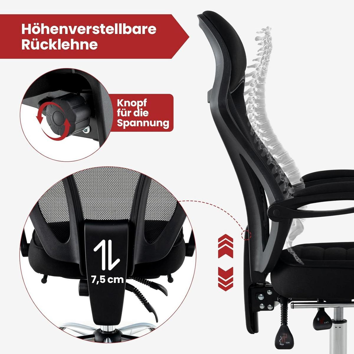 BÜROSTUHL Schwarz - Schwarz, Textil (70/116.5/68cm) - COSTWAY