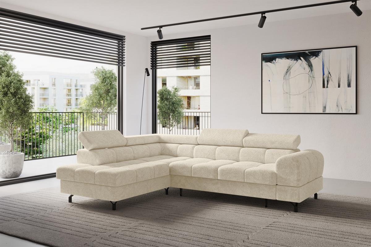 ECKSOFA mit Schlaffunktion Ottomane Links LUMA-L 272x203x70 Creme Velours - Creme/Schwarz, Holzwerkstoff/Kunststoff (272/203cm) - ALTDECOR