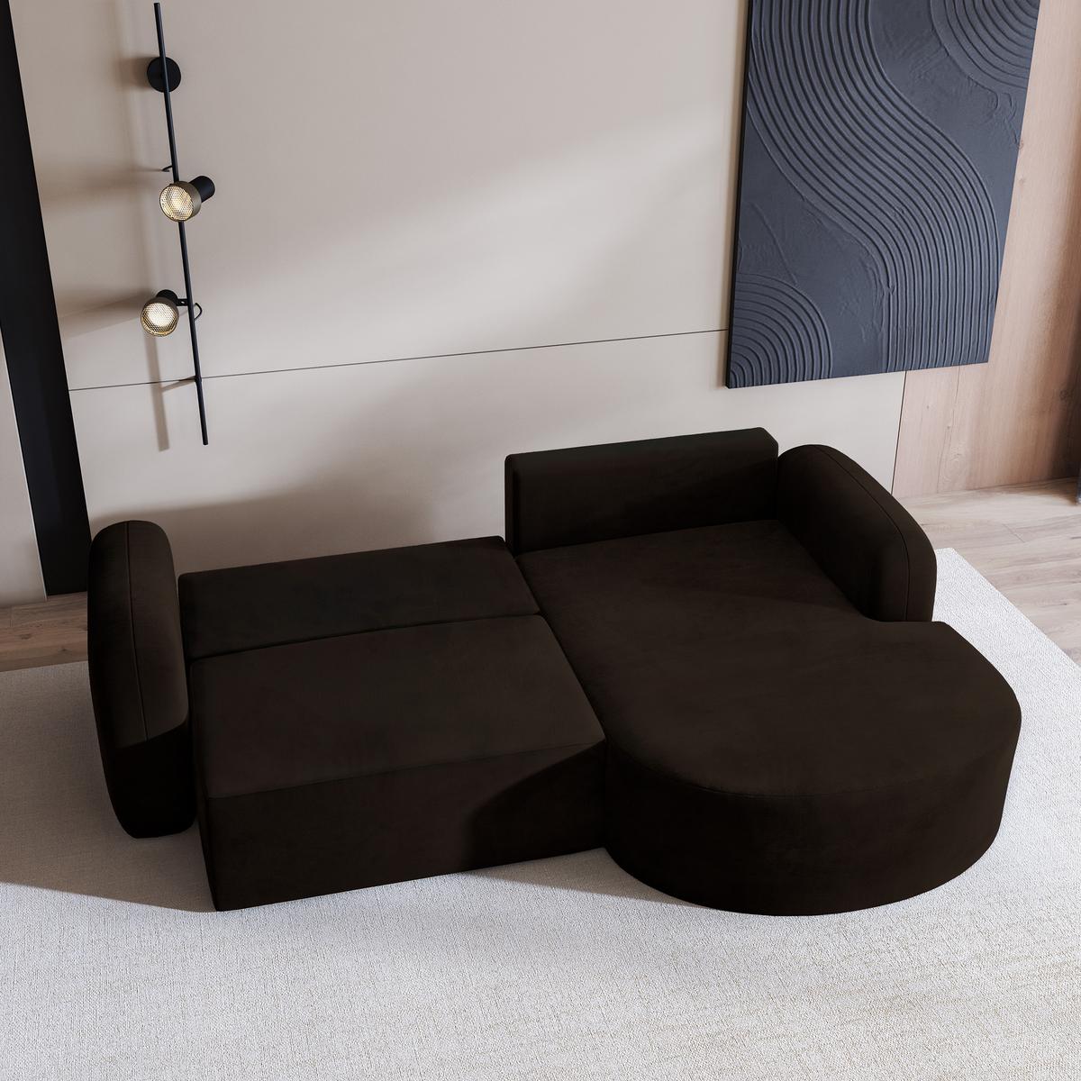 ECKSOFA AMILIA M R-S Braun Velours-Stoff mit Schlaffunktion - Braun, Holz (263/174cm) - MASSENO
