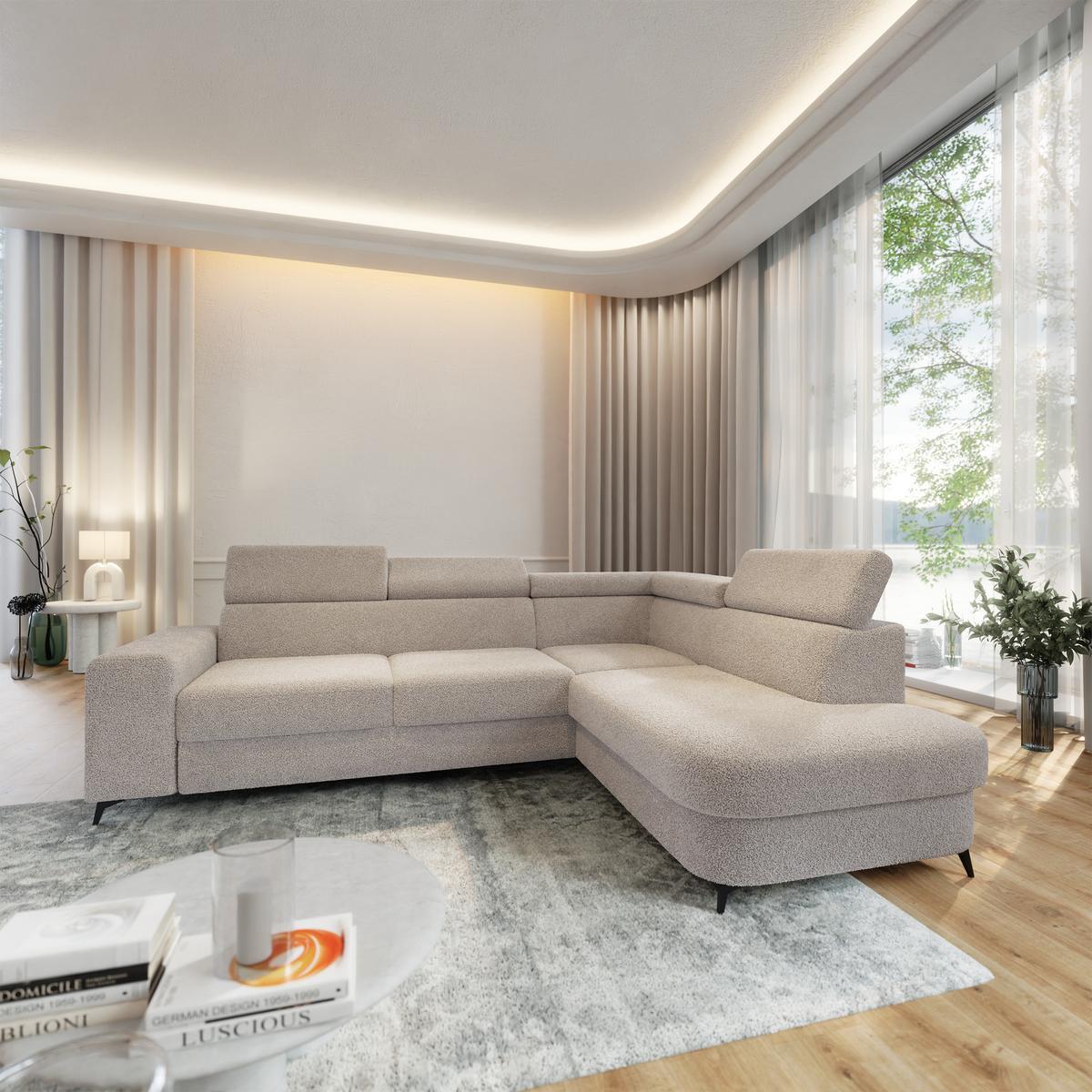 ECKSOFA ALVORO R-S Beige Boucle-Stoff mit Schlaffunktion - Beige, Holz (253/190cm) - MASSENO