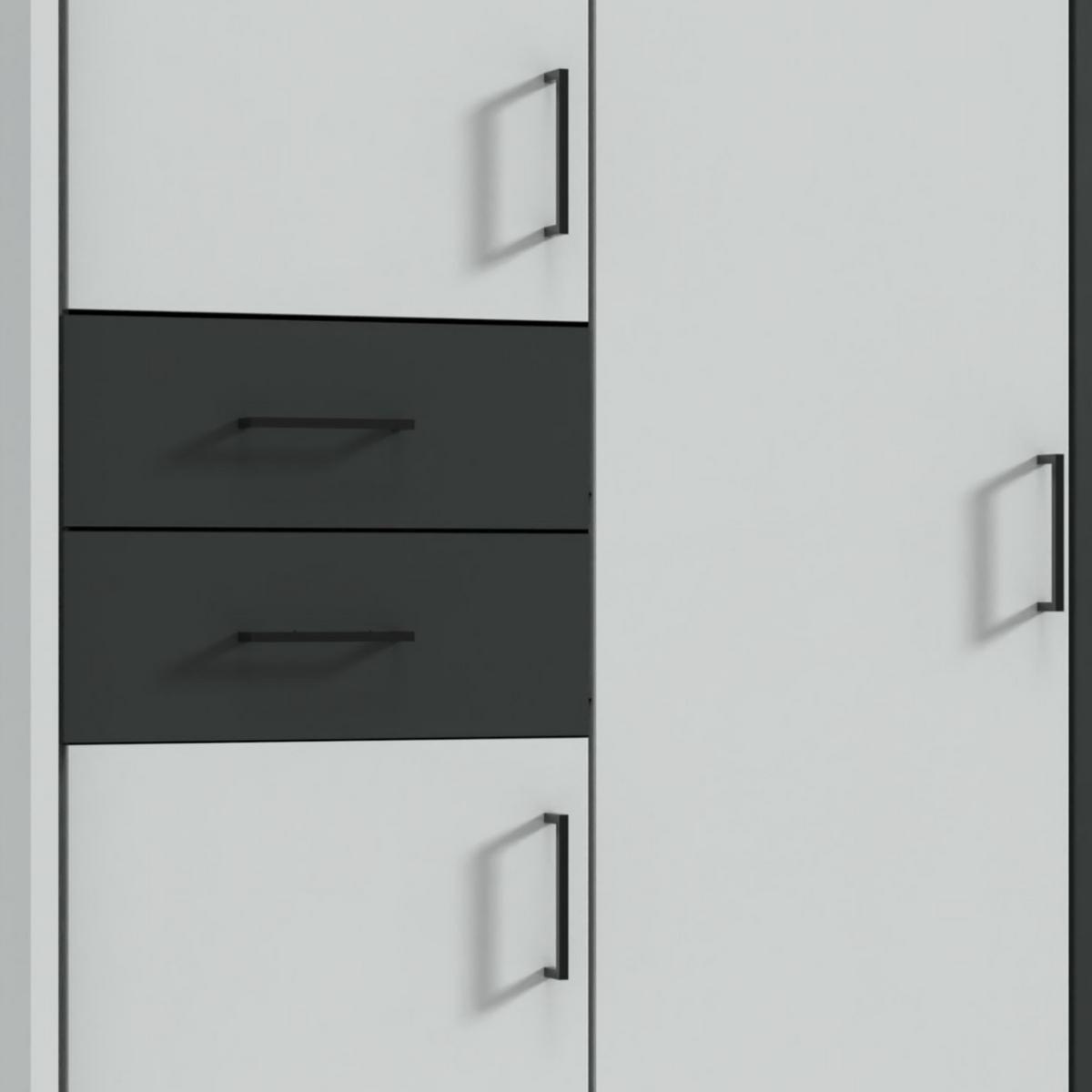 DREHTÜRENSCHRANK B228/H210/T58 cm in Weiß mit Absetzungen in Grafit, Kleiderschrank mit Passepartout&1 Spiegeltür&Schubkästen, Griffe schwarz / 22572 - Graphitfarben/Schwarz, Holzwerkstoff/Kunststoff (228/210/58cm) - luma-home