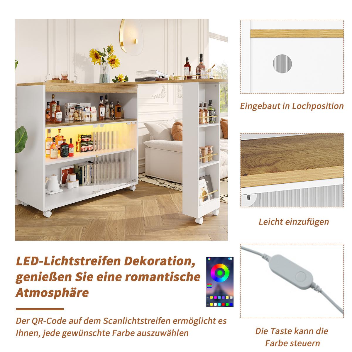 BARTISCH ausziehbar mit led & rollen - Weiß, Holzwerkstoff (39/138/105cm) - Urban Meuble
