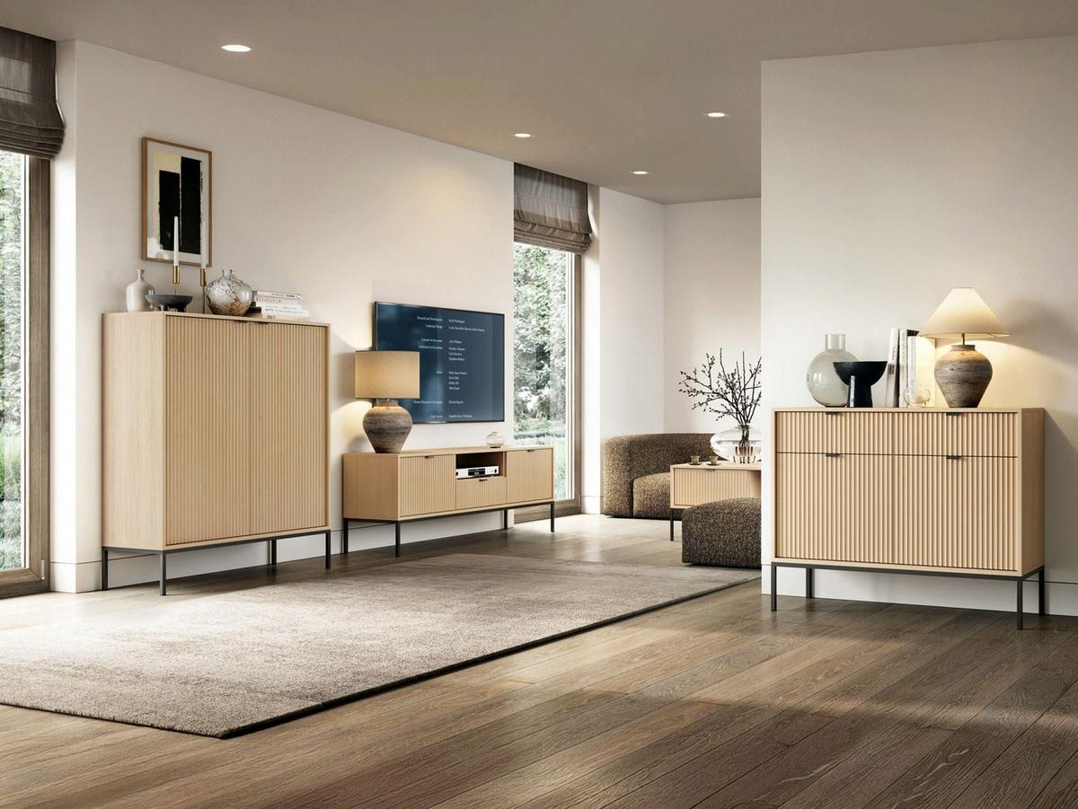HIGHBOARD Vellore Eiche Vicenza Optik mit schwarzem Gestell 104 cm - Beige/Schwarz, Holzwerkstoff/Metall (104/125/39cm) - Selsey