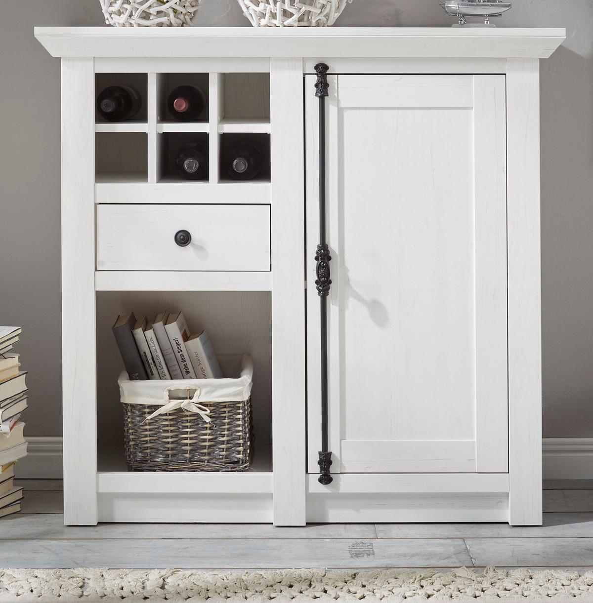 KOMMODE Pinie weiß Landhaus 105 cm, Anrichte mit Weinregal - Schwarz/Weiß, Holzwerkstoff/Metall (105/100/45cm) - Furn.Design