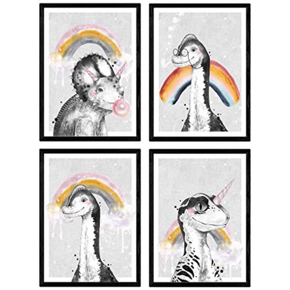 POSTER Set mit 4 Dinosaurios arociris A4 Schwarzer Rahmen - Schwarz, Papier (29.7/3cm) - Nacnic