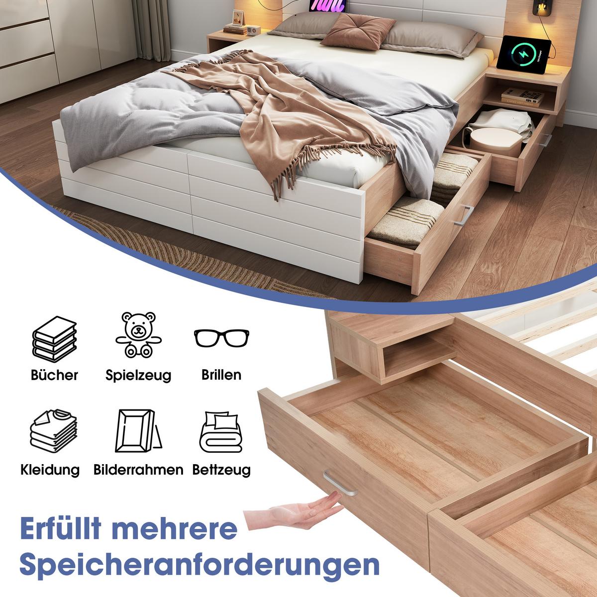 POLSTERBETT massivholz eiche & weiß 160X200 mit nachtkommoden & bettschubladen - Eichefarben/Weiß, Holzwerkstoff (160/200cm) - Urban Meuble